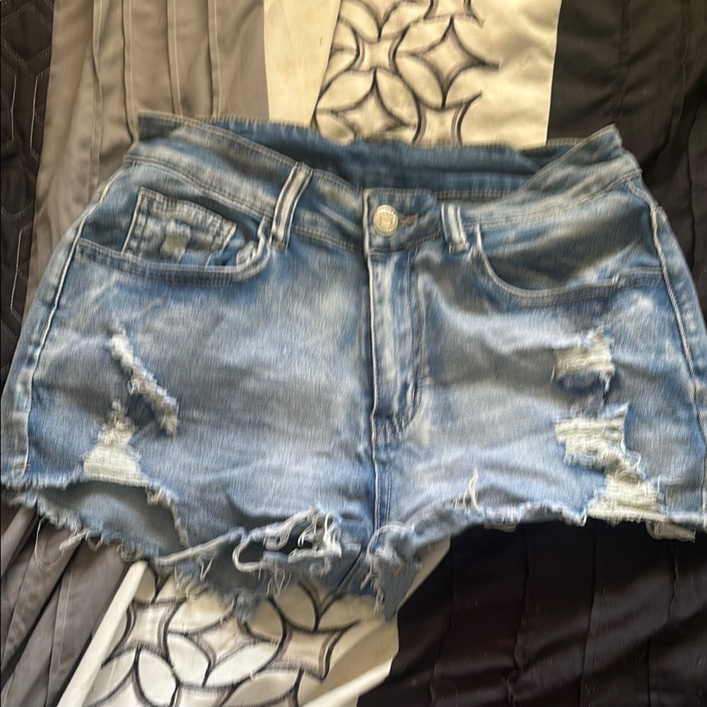 SHEIN Blue Distressed Jean Shorts with Raw Hem